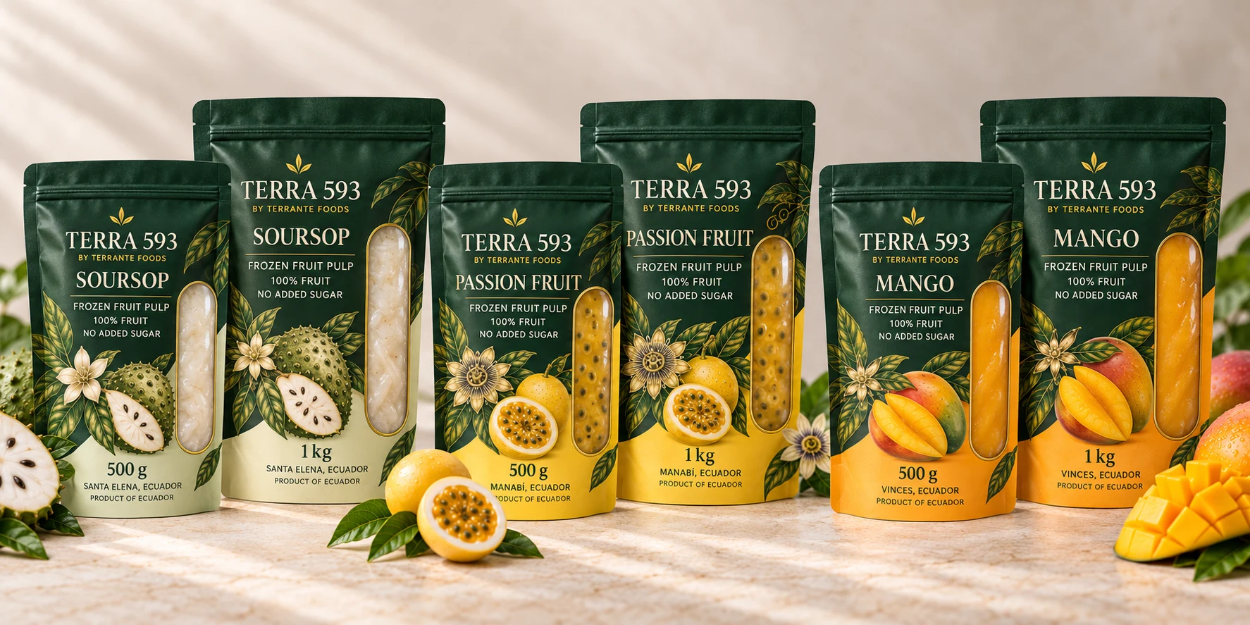 Terra 593 packaging concept: soursop, passion fruit and mango in 500 g and 1 kg